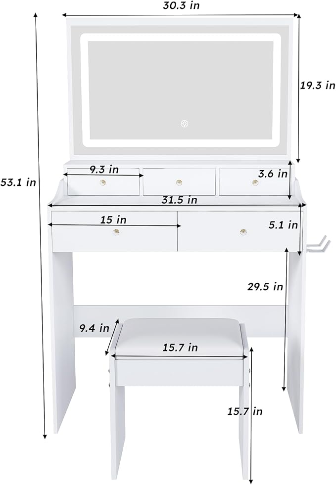 Small Makeup Vanity Desk with Large Mirror and Lights, Vanity Table with 5 Storage Drawer & Open Shelves, 3 Lighting Colors,LED Mirror Adjustable Brightness White Makeup Vanity