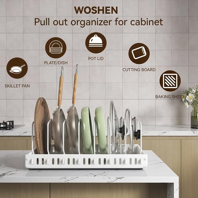 Pull Out Pot Lid Organizer, Cabinet Pan Rack, 8 Dividers | 2-pack black carbon steel rack, 16 adjustable dividers, quiet slide rails, adhesive or screw mount for lids, pans, bakeware