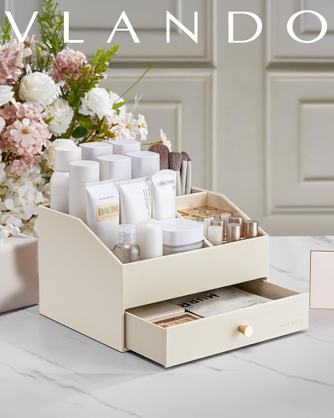 VLANDO Makeup Organizer,Vanity Organizer with Drawers, PU Leather Skincare Organizer Perfume Organizer,Large Cosmetic Display Case for Lipstick,Brushes Gifts for Women-Beige