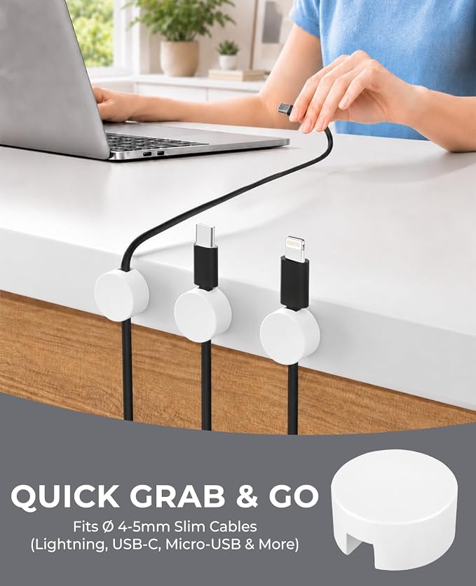 Maveek 5 Sets Magnetic Cable Management Clips with Discs, Adhesive Cable Holder Electrical Wire Clips Cord Organizer for Desktop Wall Kitchen USB LAN Type-c (White)