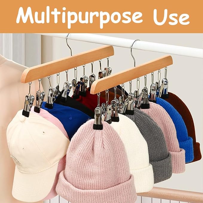 8 Pack Hat Hangers Bulk for Closet Display, Wooden Hat Storage Organizer with 80 Metal Clips for Baseball Caps, Summer Hat Rack for Beanie, Skullies, Visors, Walnut Brown Color