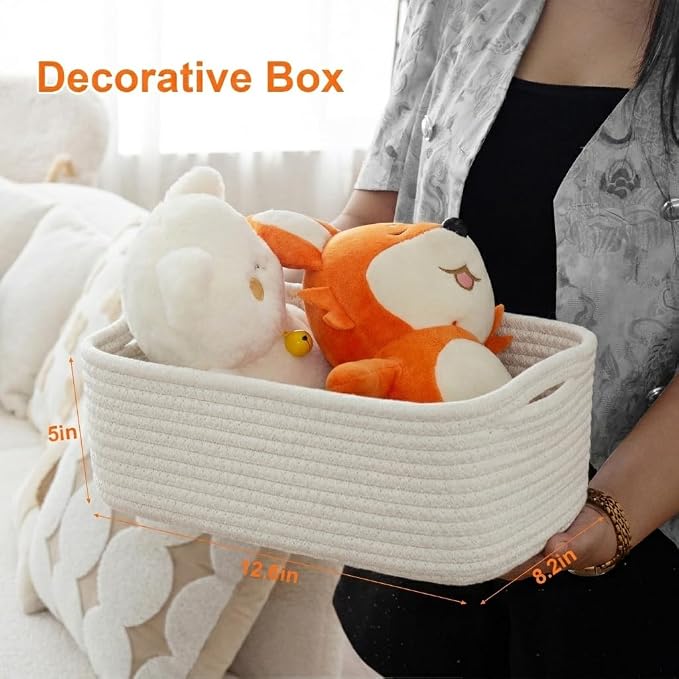 Small Storage Baskets for Organizing, Woven Storage Bins for Shelves, Gift Basket Empty, Cute Decorative Closet Organizer, Baby Rope Basket, Dog Toy Storage, 13.2x8.2x5.2”, 3Packs White