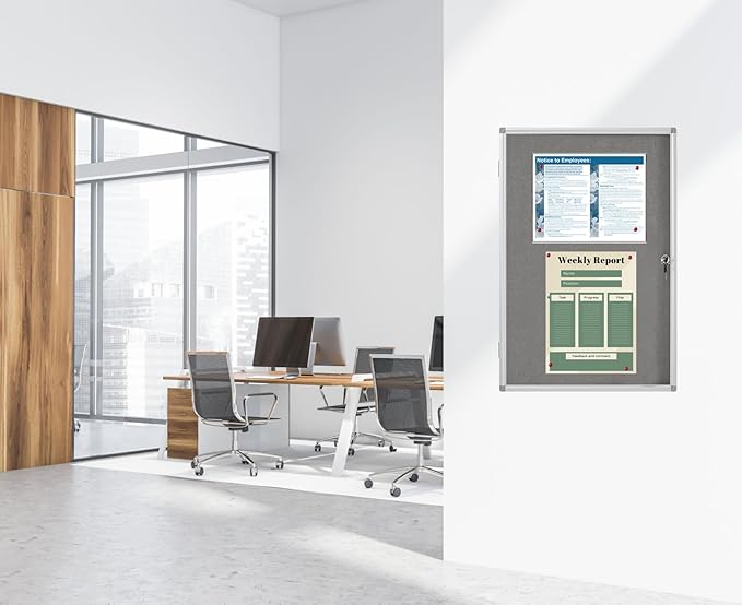A AIRLLEN Lockable Bulletin Board 24 x 36 Inch Indoor Notice Board with 2 Keys – Wall Mounted Felt Display Case with Clear Acrylic Cover & Aluminum Frame for Office, School, Hallway