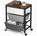 Rolling Cart with 3 Drawers, Plastic Drawer Storage Carts with Lockable Wheels & Wooden Tabletop, Metal Art Craft Utility Cart Organizer for Home Office Bedroom Dorm Bedside Classroom, Dark Gray
