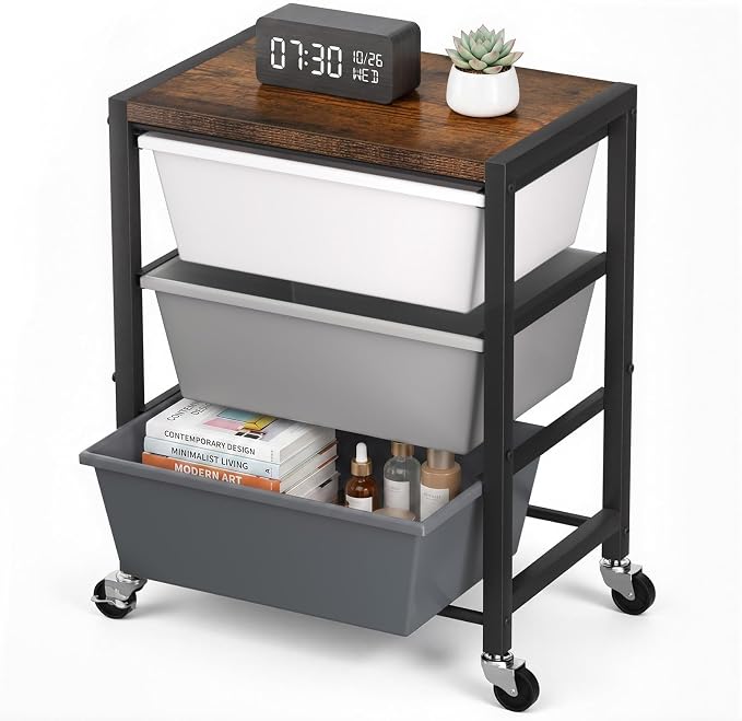 Rolling Cart with 3 Drawers, Plastic Drawer Storage Carts with Lockable Wheels & Wooden Tabletop, Metal Art Craft Utility Cart Organizer for Home Office Bedroom Dorm Bedside Classroom, Dark Gray
