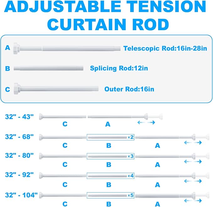 TEECK 2 Pack Shower Curtain Rod, 32-80 inch Adjustable Spring Tension Curtain Rod, Never Rust Anti-Slip Shower Curtain Rod for Bathroom, No Drilling, Never Collapse, Easy to Use, White