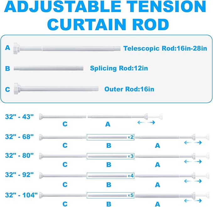 TEECK Shower Curtain Rod, 32-43 inch Adjustable Spring Tension Curtain Rod, Never Rust Anti-Slip Shower Curtain Rod for Bathroom, No Drilling, Never Collapse, Easy to Use, White