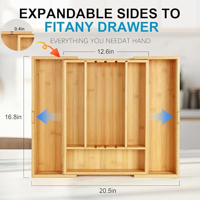 Expandable Silverware Organizer | Upgraded Bamboo Kitchen Drawer Organizer, 12.5"-21" Adjustable Utensil Tray