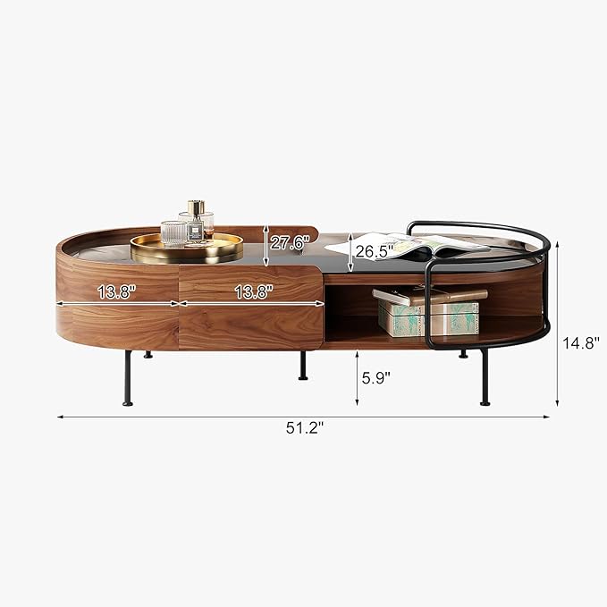 Lartis Oval Coffee Table in Walnut Black Glass Top Coffee Table - Living Room Table with Semi-Circular Storage,Multi Functional Marvel for Modern Living Room