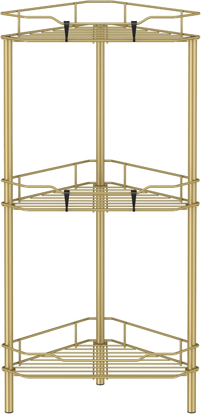 HuggieGems 3 Tier Floor Standing Corner Shower Caddy Organizer Shelf with Hooks, Bathroom Shelves Stand Rack, Gold
