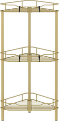 HuggieGems 3 Tier Floor Standing Corner Shower Caddy Organizer Shelf with Hooks, Bathroom Shelves Stand Rack, Gold