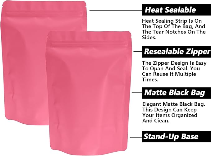 100PCS Smell Proof Resealable Pouch Bags,ULIFESTAR Aluminum Foil Flat Food Storage Bag,Sealable Pcsaging Zipper Pouches with Tear Notches for Pcsaging Lipgloss,Jewelry,etc(14*20cm/5.51*7.87",Pink)