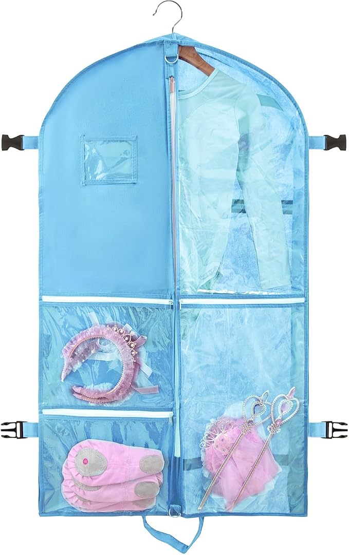Clear Dance Costume Garment Bag for Dancers,40 inch Kids Garment Bag for Dance Competitions with 5 Clear Zipper Pockets for Dance Costumes,Garment Bags for Hanging Clothes Travel Storage (Blue)