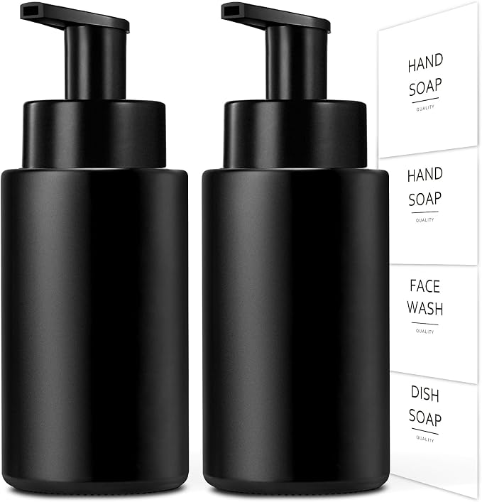 RYTOXILO Matte Black Foaming Hand Soap Dispenser, 10 oz/300ml Glass Foam Dispenser, 2 Pcs Foaming Soap Dispenser for Bathroom, Black Refillable Pump with Waterproof Labels