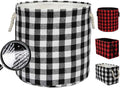 Round Laundry Basket Foldable Storage Baskets Home Organization Containers Buffalo Checked with Rope Handles, White Black Grid, L