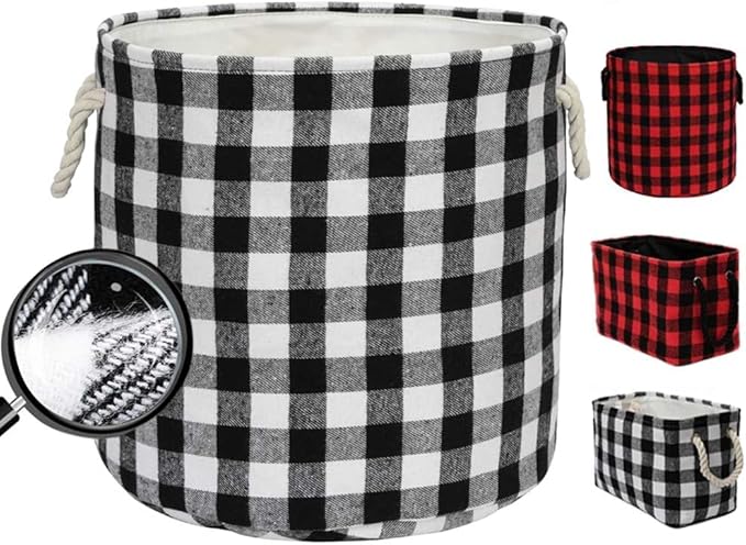 Round Laundry Basket Foldable Storage Baskets Home Organization Containers Buffalo Checked with Rope Handles, White Black Grid, L