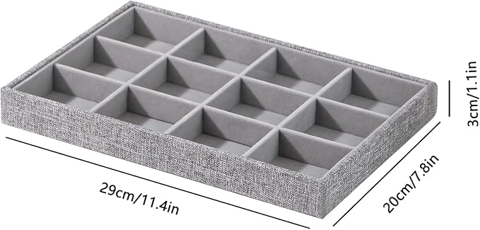Stackable Jewelry Organizer Tray For Drawers,White Leather Small Earring Storage Tray,Bracelet And Necklace Display Box,Jewelry Ring Display Case (Gray 12 Grids)