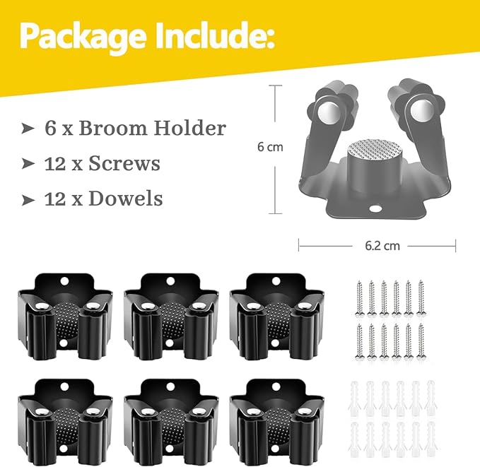 Verdenu 6 Pack Broom Holder, Stainless Steel Command Broom Holder with Screws, Garden Tool Rack for Kitchen, Home, Bathroom, Garage Storage, Black