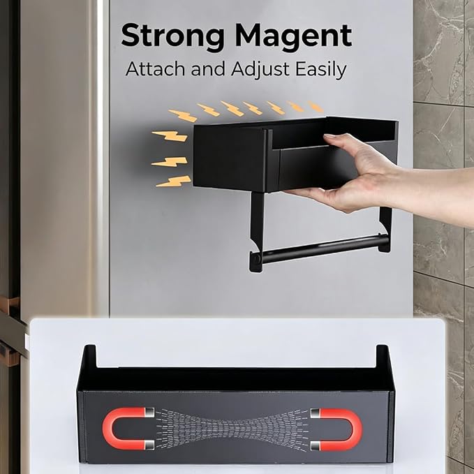 Magnetic Spice Rack for Refrigerator with Paper Towel Holder, Magnetic Spice Organizer Shelf for Small Kitchen Storage, Space Saver Container for Apartment, Black
