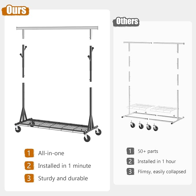 Gewudraw Clothes Rack Heavy Duty 530 LBS Capacity, Portable, Foldable,Black | Rolling Clothing Rack With 4" Wheels, Shelf, Hooks, Adjustable, Collapsible, Garment Rack for Wardrobe,Bedroom, Laundry Room