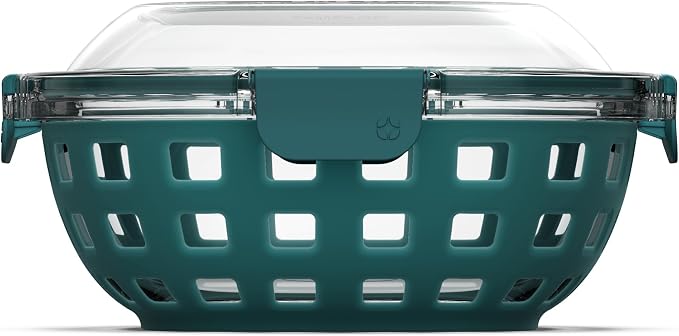 Ello DuraGlass Food Storage Glass Lunch Bowl Container - Meal Prep Container with Silicone Sleeve and Airtight Lid, 5 Cup, Teal
