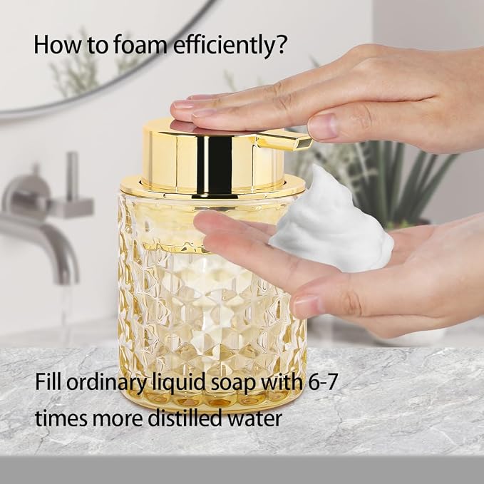 10 Oz Glass Hand Soap Dispenser with Pump, Refillable Bathroom Gold Foaming Soap Dispenser, Vintage Glass Diamond Lotion Container Bottle for Bathroom and Kitchen (2, Amber and Gold)