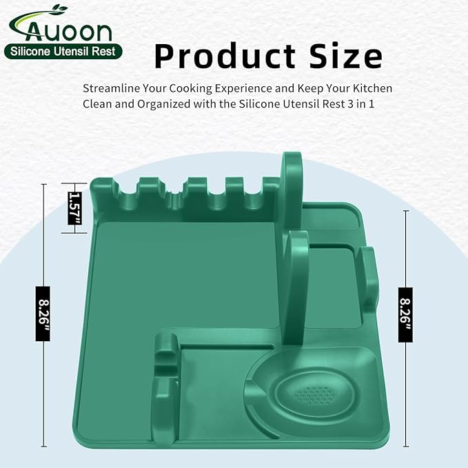 Auoon Silicone Spoon Rest with Lid Holder, 3-in-1 Kitchen Utensil Rest for Soup Ladles, Pot Lids, Spatulas, Spoons, Tongs, BPA Free & Dishwasher Safe, 8.26 x 8.06 Inch (Sea Blue, Large)