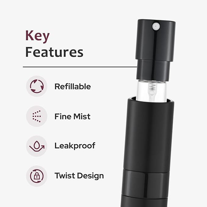 LISAPACK 8ML Atomizer Perfume Spray Bottle for Travel (3 PCS) Empty Cologne Dispenser, Portable Sprayer Travel Essentials for Men and Women (Black)