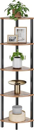 VIMBER Corner Shelf, 5-Tier Corner Bookshelf, Industrial Corner Ladder Shelf, Rustic Display Shelf for Living Room, Bedroom, Kitchen, Home Office, Rustic Brown and Black UJSJ001H