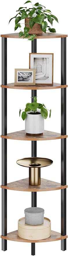VIMBER Corner Shelf, 5-Tier Corner Bookshelf, Industrial Corner Ladder Shelf, Rustic Display Shelf for Living Room, Bedroom, Kitchen, Home Office, Rustic Brown and Black UJSJ001H