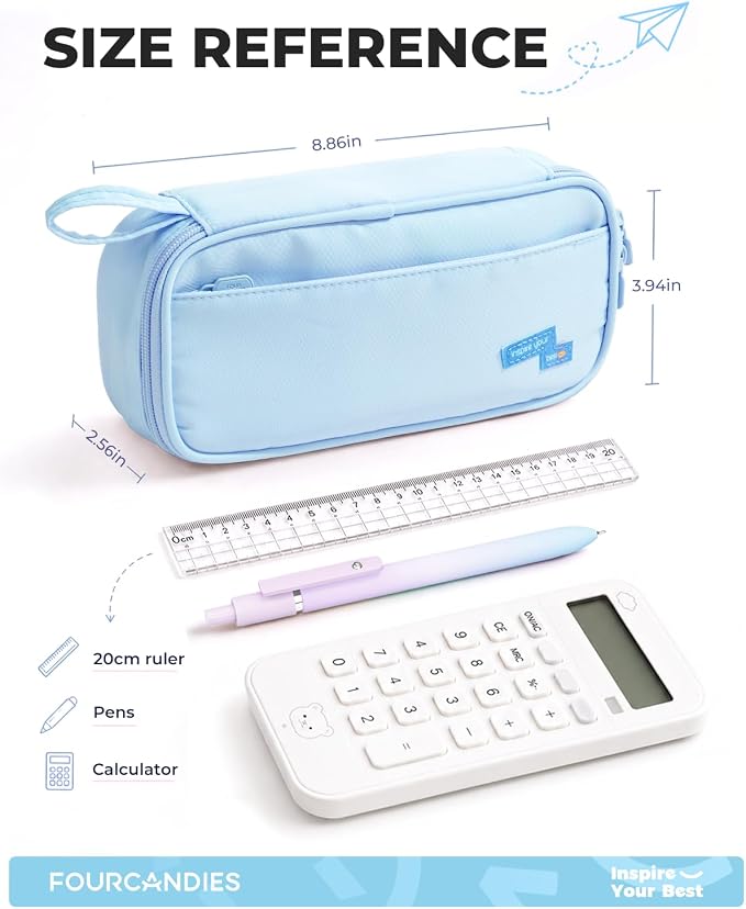 Four Candies Pencil Case,Large Capacity Pencil Pouch—Portable Marker Holder Bag for Home & Office, Soft Supply Organizer (Blue)