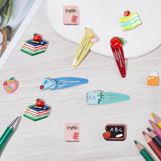 SUNNYCLUE 1 Box 36Pcs 9 Styles Resin Cabochons Teacher's Day Charms Cute Flatback School Study Supplies Mini Ruler Eraser Pencil Notebook Cabochon for Scrapbooking Embellishments DIY Craft Hairpins
