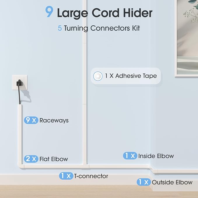 141in Cord Hdier for Wall, Paintable Wire Covers for 2 Cords TV on Wall, Medium Cable Management Kit, Cable Hiding for Wall White, W0.95in H0.47in