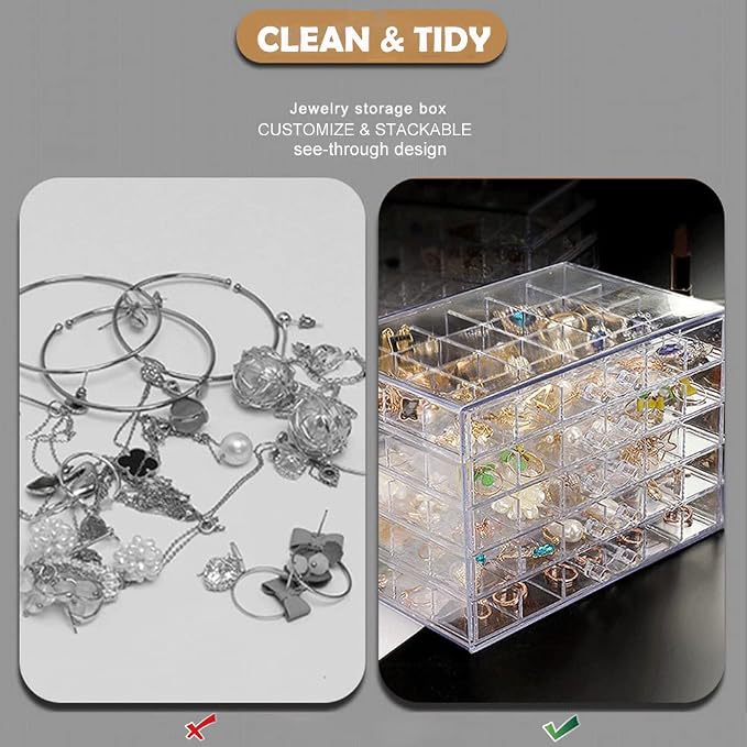 QIYUSHRY Earring Storage Box Acrylic Jewelry Storage Holder Ring Clear Plastic Transparent Jewelry Display Stand with 5 Drawers 120 Small Compartment Tray for Women Girls