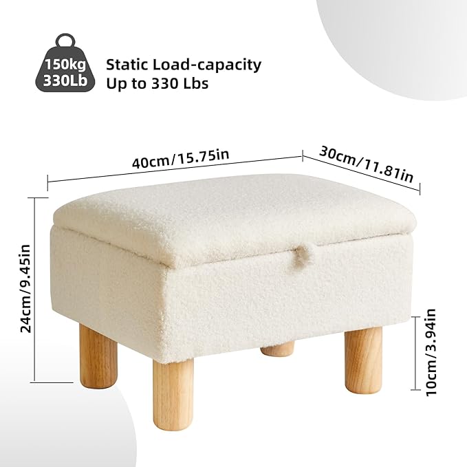 Aibiju Ottoman with Storage - Small Foot Rest for Couch 16x12x9.5inch, Safety Hinge Flip Top Stool Load up to 330lb for Living Room Dorm - Teddy White YD-JD136W