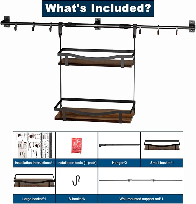 Upgraded Wooden Adjustable Wall-Mounted Condiment Rack,6 pack kitchen hooks,heavy-duty kitchen wall shelf, suitable for use as an over-the-stove shelf, coffee shelf, or shower wall caddy.