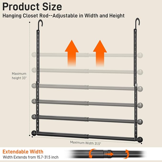 SUTINE Closet Rods for Hanging Clothes, Adjustable Metal Closet Extender Hanging Rod, Space-Saving Closet Rod Extender Clothes Hanging Bar, Closet Poles for Hanging Clothes (Black, 15.7-31.5 IN)