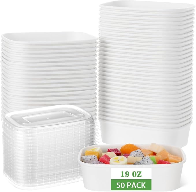 Maxdot 50 Pack 19 oz Disposable Food Containers with Lids Paper Food Containers Bowls for Meal Prep, Salad, Ice Cream, Yogurt, Soup Bowls Party Leftover Box