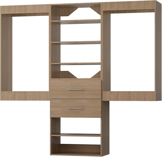 ROOMTEC Modular Closet System, 84" Wall Mounted Closet Organizer with Hanging Rods and Drawers, Wooden Tower for Walk-In Closets, Wardrobe Storage Kit, Wood