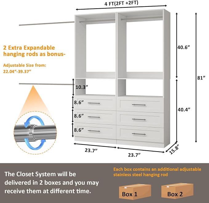 Closet System with 6 Drawers, Modular Closet Organizer System with 4 Hanging Rod, Custom Closet Storage Solution for Small Walk-In CLoset, 2 Sets, White (4FT)