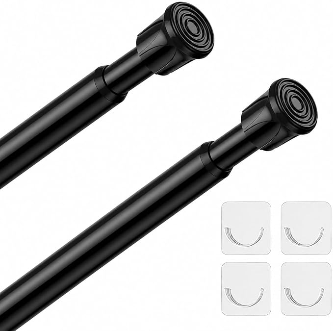 2 Pack Black Spring Tension Curtain Rods 28-48 Inches, Spring Loaded Curtain Rods No Drilling, Adjustable Small Tension Rod for Windows Doorway Curtain Kitchen Bathroom Closet