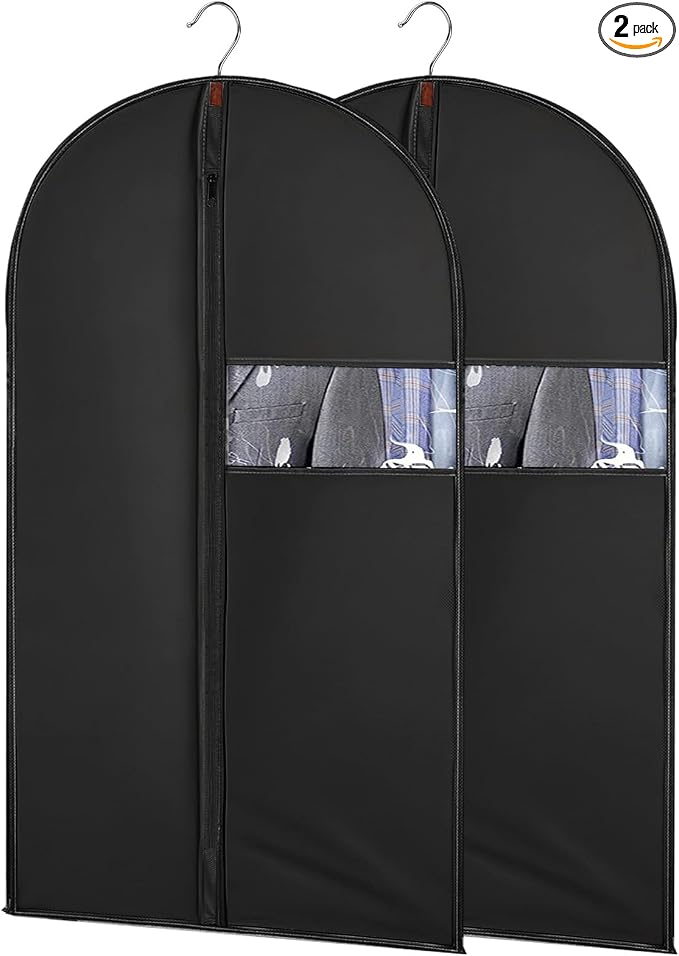 2Pcs Garment Bags Covers, 47 Inch Hanging Clothes Bag, Suit Cover Bags with Clear Window for Hanging Closet Clothes Storage and Travel (2, Black, 47 inch)