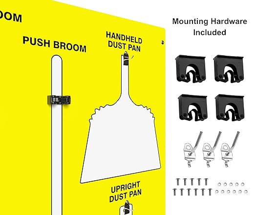 Clean & Sweep 5S Shadow Board/Wall Mount Broom Holder, 68" x 30" Board, 5S Cleaning Station - with Broom and Dustpan Set Included, Made in The USA by AccuformNMC, Yellow/White, PSB716YLWT