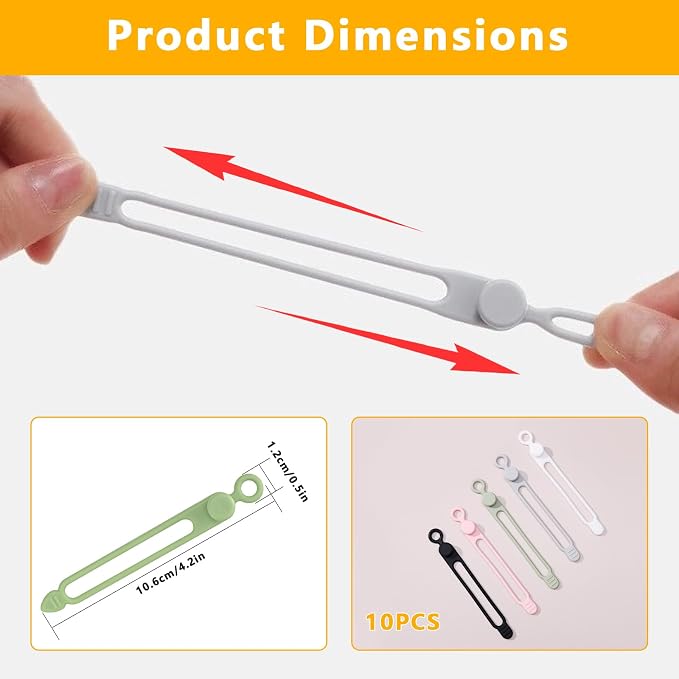 10 Pcs Silicone Cable Ties, Reusable Cord Organizer, High Elasticity Cable Management Straps for Home Office Kitchen Appliances Cords Wires