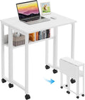GreenForest Folding Desk with Wheels, 24.8" Rolling Table for Small Spaces | Storage Shelf, Lockable Casters, Compact Portable Workstation, Space-Saving Foldable Sofa Table, Home Office, Mobile, White