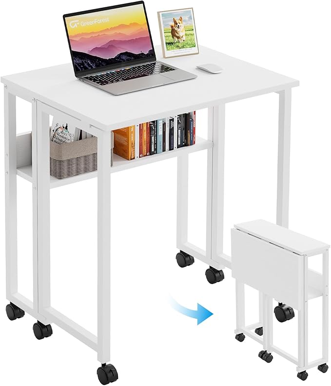 GreenForest Folding Desk with Wheels, 31.5" Rolling Table for Small Spaces | Storage Shelf, Lockable Casters, Compact Portable Workstation, Space-Saving Foldable Sofa Table, Home Office, Mobile, White