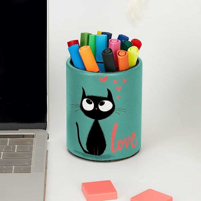 Cat and Love Pen Holder Pencil Organizer for Desk, 3.1” x 3.1” x 3.9” Pencil Cup Office Supplies, Large Capacity Cute Pen and Makeup Brush Holder for Home, School, Desktop