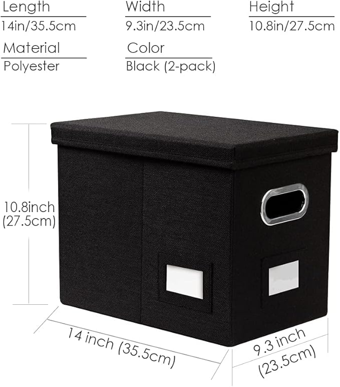 PRANDOM File Organizer Box - Set of 2 Collapsible Decorative Linen Filing Storage Hanging File Folders with Lids Office Cabinet Letter Size Black (14x9.3x10.8 inch)