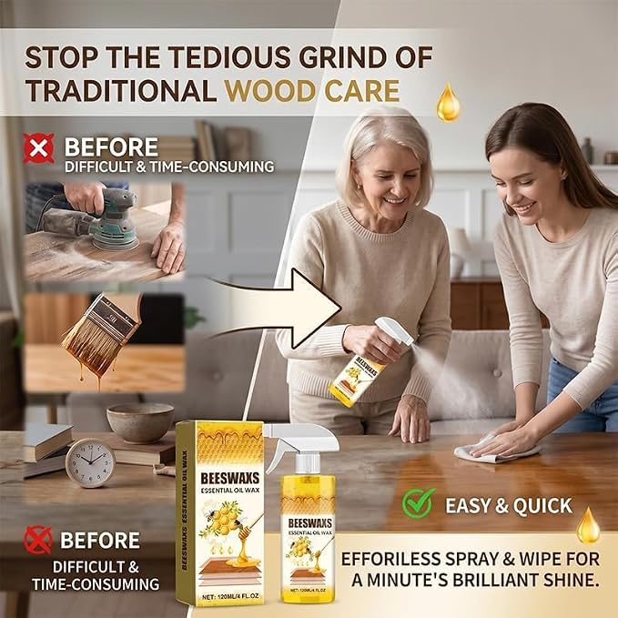 MOYEE Beeswax Wood Polish Spray, Beeswax Essential Oil Wax, Deep Restore Furniture Cleaner for Cabinets, Hardwood Floors, Tables & All Wood Surfaces, Non-Greasy Formula (4oz 1pc)