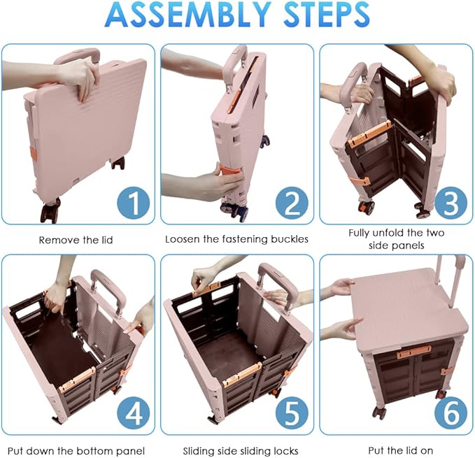 SELORSS Foldable Utility Cart Portable Collapsible Crate Rolling Carts with Wheels Rolling Tote Basket Teacher Cart with Lid Wear-Resistant 360°Rotate Wheel Noiseless for Shopping Storage Office Use